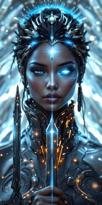 The primary subject of the image is a woman with blue eyes, wearing a futuristic outfit. She is surrounded by a blue and white background, which adds to the overall futuristic atmosphere. The visual style of the image is digital art, as it is a detailed and intricate illustration of the woman. The colors and mood of the image are predominantly blue and white, creating a sense of calmness and sophistication.